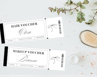 Może przedstawiać: Dwa białe vouchery z czarnym tekstem i ilustracją kokardy. Jeden brzmi "Hair Voucher" z imieniem "Olivia" i "Maid of Honor". Drugi mówi "Makeup Voucher" z imieniem "Brianna" i "Bridesmaid."