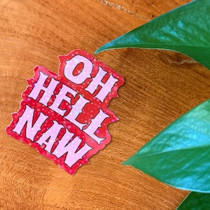May include: A red sticker with the words "OH HELL NAW" in white, outlined in pink. The sticker has a star pattern and a decorative border. The sticker is on a wooden surface, with a green leaf in the background.