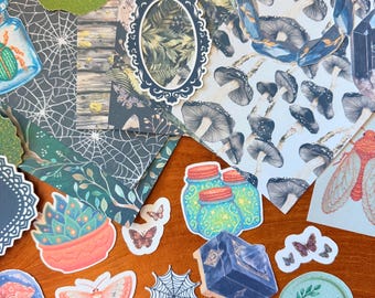 May include: A collection of stickers and decorative paper with a whimsical, botanical theme. Includes illustrations of mushrooms, butterflies, jars, spiderwebs, and a succulent. The color palette features greens, blues, and oranges, with a vintage aesthetic.