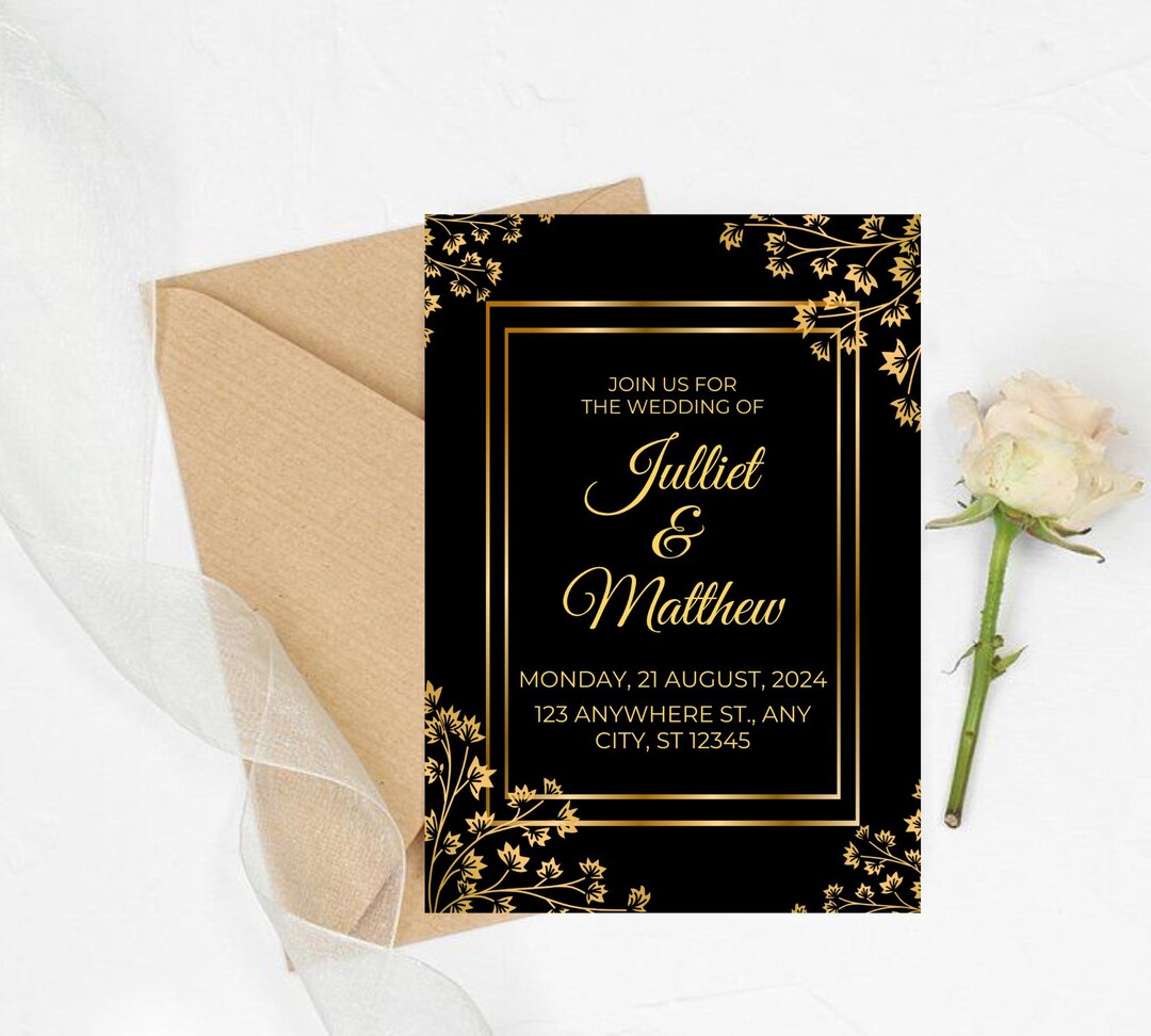 Black and Gold Wedding Invitation | Elegant Canva Template (digital ...