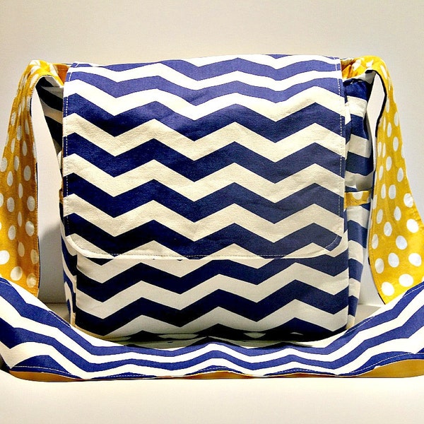 Blue and White Chevron Large Messenger Diaper Bag