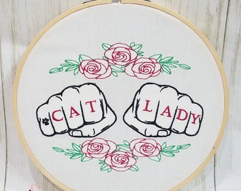 Cat Lady Embroidered Hoop Art, Unique Art, Embroidery Art, Cat Lover Gift