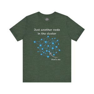 Könnte beinhalten: Dunkelgrünes T-Shirt mit dem Text "Just another node in the cluster" über einer blauen Netzwerk-Grafik. Ein Pfeil zeigt auf die Grafik mit dem Text "that's me".
