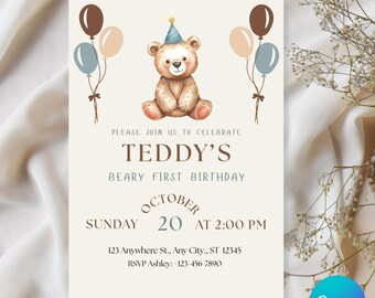 Teddy Bear First Birthday Invitation | Editable Canva Template (Digital Invite)