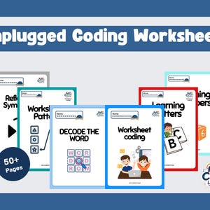 May include: A collection of colorful "Unplugged Coding Worksheets" for kids. The worksheets include activities like "Reflect Symbols", "Work Patterns", and "Decode the Word". The image also features the text "50+ Pages" and the logo for "Fun Code Learning".