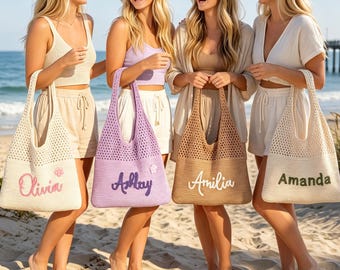 May include: Four women on a beach each hold a crocheted tote bag. The bags are in cream, lavender, tan, and cream. Each bag has a name embroidered on it: Olivia, Ashlay, Amilia, and Amanda. The bags have a large open weave design.