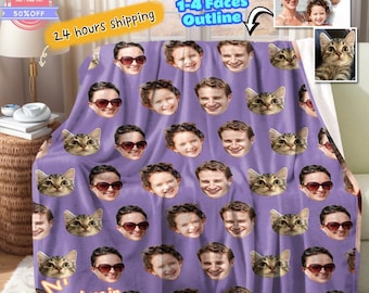 May include: A purple custom blanket featuring a repeating pattern of faces and cat faces. The blanket has the text "Free Custom 1-4 Faces Outline" and "24 hours shipping". The blanket is on sale for 50% off.