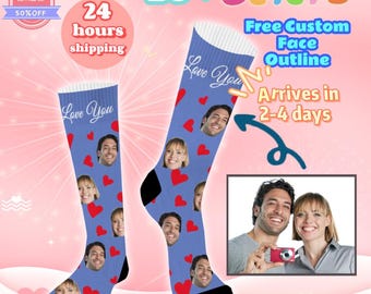 May include: Custom blue socks with faces and red hearts. The socks have the words "Love You" printed on them. The image also includes the text "20+ Colors" and "Free Custom Face Outline".