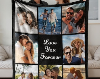 May include: A black and white personalized photo blanket featuring nine framed images of couples. The center square has the text "Love You Forever" in white script. The blanket is held up by a man and woman. The image also includes a "SALE" banner.
