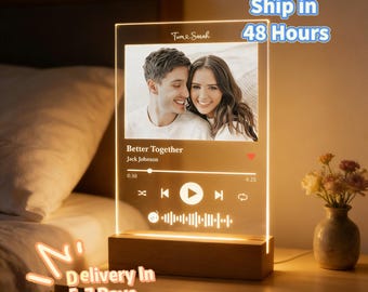 Custom Photo Music Night Light With Name, Personalized Song Acrylic Plaque, Couple Picture Night Lamp, Music Lover Gift, LED Bedroom Decor