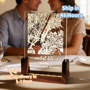 Custom Our First Date Map Night Light,Personalized Map Print Acrylic Plaque,Custom Couple Home Decor,LED Night Lamp For Valentine's Day Gift