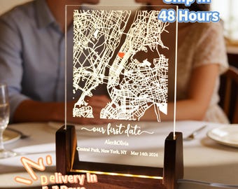 Luce notturna personalizzata con mappa del nostro primo appuntamento, targa in acrilico con stampa mappa personalizzata, arredamento per la casa personalizzato per coppie, lampada notturna a LED come regalo di San Valentino