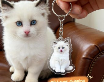 May include: A white kitten with blue eyes sits next to a keychain featuring the same kitten. The keychain is attached to a silver ring and chain. The text "48 hours shipping" is visible in an orange bubble.