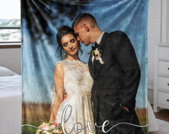 May include: A personalized blanket featuring a couple in wedding attire, with the word "love" and "Love You Forever" in script. The blanket has a blue and brown background. The image also shows two people holding the blanket. A "SALE" sticker is visible.