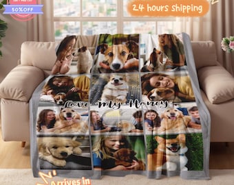 May include: A personalized photo blanket featuring a collage of images with dogs and people. The blanket is gray with a grid of photos and the text "Love My Honey". The blanket is displayed on a beige sofa.