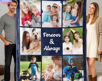 May include: A navy blue fleece blanket featuring a collage of family photos. The blanket has a dark blue border and the words "Forever & Always" in white. The blanket is displayed with two people on either side.