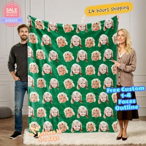 Könnte beinhalten: Eine grüne Decke mit einem sich wiederholenden Muster von Babygesichtern. Die Decke trägt den Text "Free Custom 1-4 Faces Outline". Die Decke wird von einem Mann und einer Frau gehalten. Das Bild enthält auch den Text "24 hours shipping" und "Sale 50% Off".