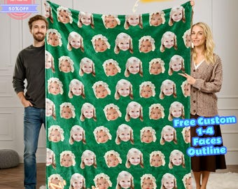 May include: A green blanket featuring a repeating pattern of baby faces. The blanket has the text "Free Custom 1-4 Faces Outline". The blanket is being held by a man and a woman. The image also includes the text "24 hours shipping" and "Sale 50% Off".