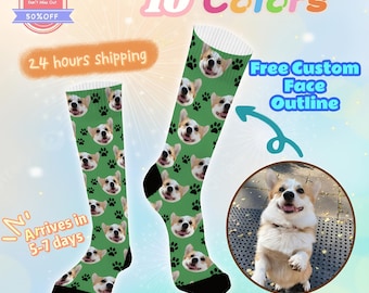 May include: Green socks featuring a repeating pattern of a corgi's face and paw prints. The socks have black heels and toes, and white ribbed cuffs. The image also includes the text "10 Colors" and "Free Custom Face Outline".