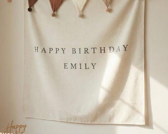 Leinen Baby Geburtstagsbanner, personalisierte Stoff Geburtstagsschild, Minimal erster Geburtstag Dekor, Kinderzimmer Foto Hintergrund