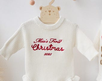 Baby’s First Christmas Outfit 2026, Personalized Knit Romper, Custom Name Baby Christmas Gift, Handmade Newborn Holiday Outfit