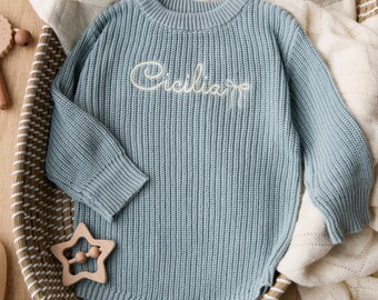 Personalized Knit Baby Romper, Custom Name Outfit, Gender Neutral Baby Gift, Handmade Newborn Coming Home Outfit