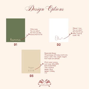 May include: Image showcasing design options for personalized baby items. Features three design examples: a green background with the name "hanna", a white background with "Oliva", and a beige background with "luciana" and baby details. Includes text about font and icon choices.