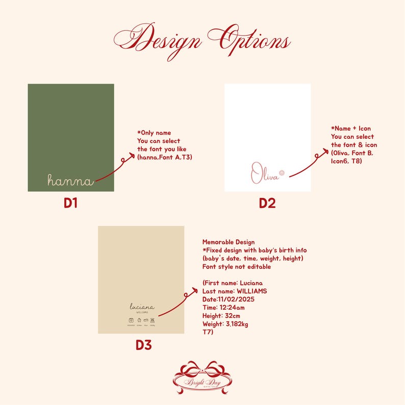 May include: Image showcasing design options for personalized baby items. Features three design examples: a green background with the name "hanna", a white background with "Oliva", and a beige background with "luciana" and baby details. Includes text about font and icon choices.