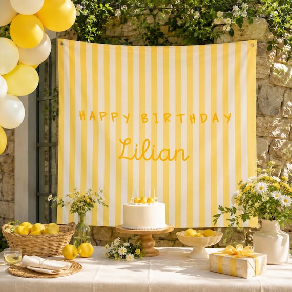 Yellow Birthday Banner, Personalized Striped Backdrop, Custom Fabric Party Sign, Sunshine Birthday Decor