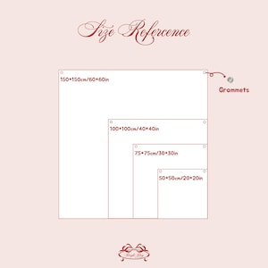 K&ouml;nnte beinhalten: Eine Gr&ouml;&szlig;entabelle mit vier wei&szlig;en quadratischen Umrissen und den Ma&szlig;en 150*150cm/60*60in, 100*100cm/40*40in, 75*75cm/30*30in und 50*50cm/20*20in. Der Text Size Reference steht oben und eine &Ouml;se ist abgebildet.