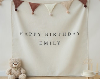 Personalized Baby Birthday Banner, Custom Linen Fabric Birthday Sign, First Birthday Decor, Neutral Nursery Backdrop