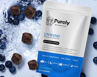 Gomitas de arándanos Unwind con hongos y botánicos