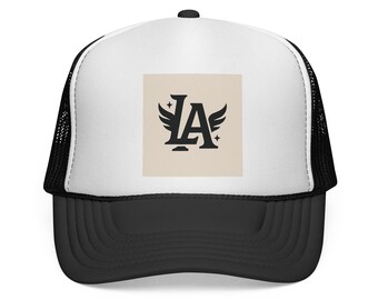 Winged LA Patch Trucker Cap | Retro Baseball Logo, Red White Blue Mesh