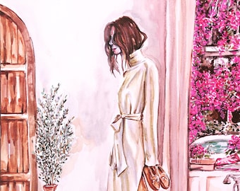 Frau mit Hausschuhen im Waschraum mit Bougainvillier