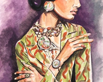 Frau in bedruckter Jacke spricht mit den Händen