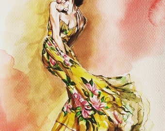 Portrait von Angelica Houston im Oscar de la Renta Floral chiffon Kleid