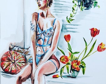 Portrait frau im fenster in blau dessous