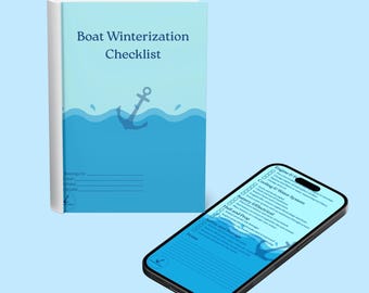 May include: A hardcover book and a smartphone displaying a boat winterization checklist. The book cover is light blue with the title "Boat Winterization Checklist" and an anchor graphic. The phone screen shows a similar checklist.