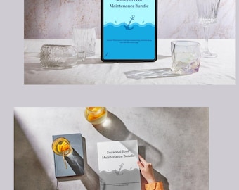 May include: A digital tablet and a printed document display the title "Seasonal Boat Maintenance Bundle." The tablet screen shows a blue graphic with an anchor and waves. The document is held by a person wearing an orange shirt. Clear glassware is also visible.