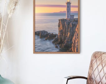 Lámina artística "Amanecer en el faro costero": Decoración náutica para pared (descarga digital)