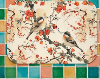 Chickadee & Red Berry Floral Bath Mat | Vintage Botanical Bird Design