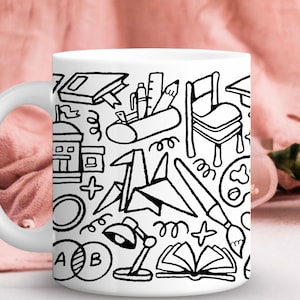 School Doodle Pattern Mug | Black Line Classroom Icons Ceramic Mug,Gift mug for school teachers , Back to School