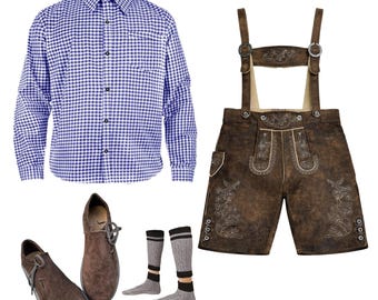 Conjunto auténtico de lederhosen bávaro hecho a mano - Traje tradicional de cuero de gamuza genuino para hombre - Disfraz completo de 4 piezas para el Oktoberfest