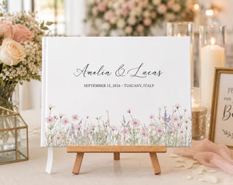 Libro degli ospiti personalizzato per matrimoni con fiori selvatici, ricordo per gli sposi, con nomi, luogo e data.