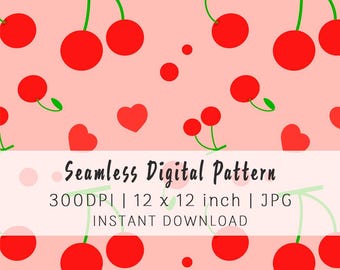 Cherry Heart Seamless Pattern | Pink Fruit Digital Paper (JPG)