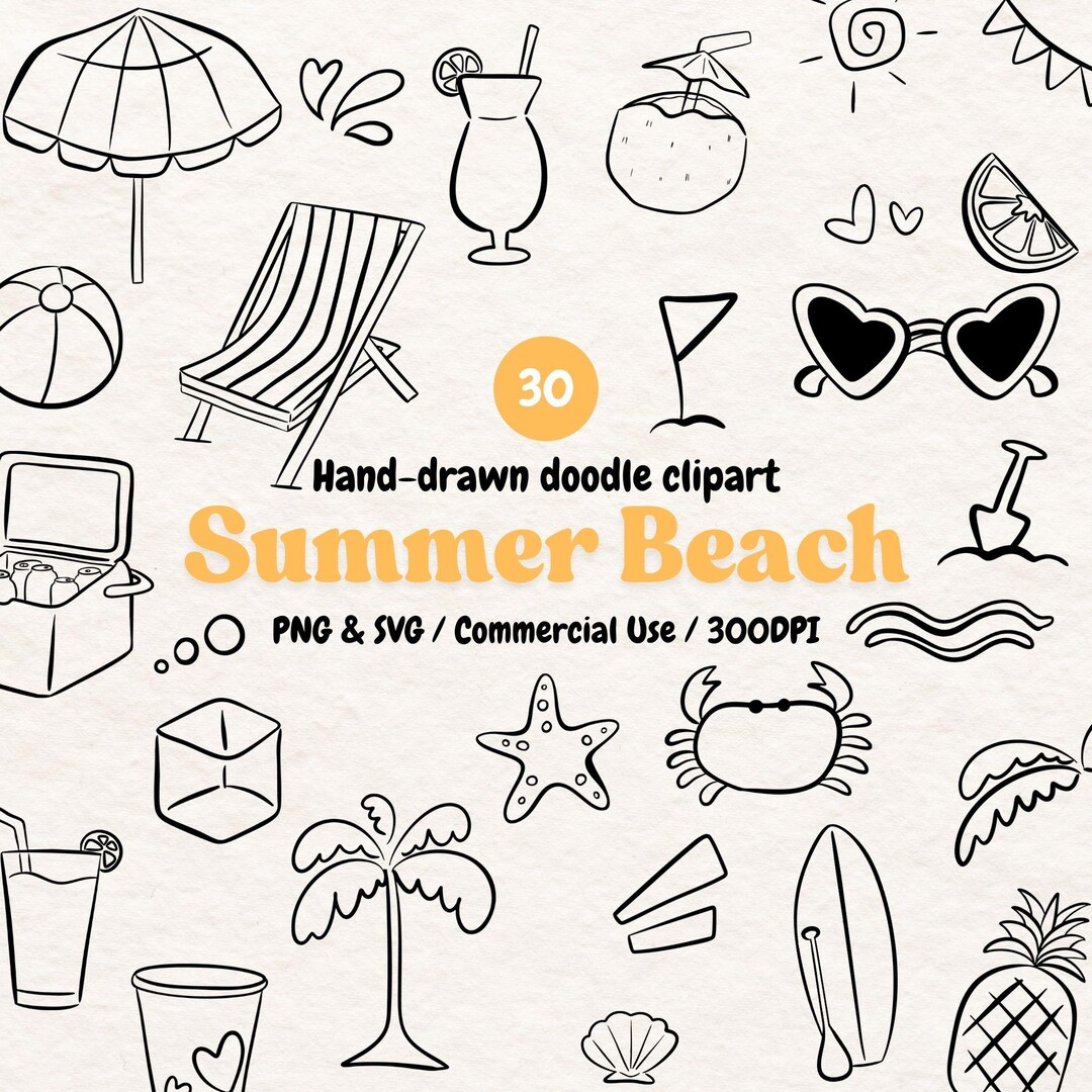 Cute Summer Beach Doodle Clipart Set, Beach Element Collection PNG SVG ...