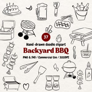May include: Black and white hand-drawn doodle clipart featuring various BBQ-related items. Includes a grill, skewers, beer, sausages, and the text "Backyard BBQ". The number "37" is in a red circle.