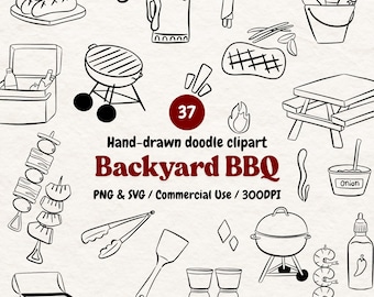 Puede incluir: Conjunto de imágenes prediseñadas de garabatos dibujados a mano en blanco y negro con varios elementos relacionados con la barbacoa. Incluye una parrilla, brochetas, cerveza, salchichas y el texto "Backyard BBQ". El número "37" está en un círculo rojo.
