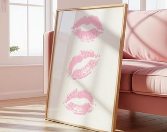 Decoración de pared con estilo preppy femenino / Pósteres rosas y blancos, labios rosados besándose, estampados de labios brillantes / Decoración para dormitorio de residencia estudiantil / Archivo digital