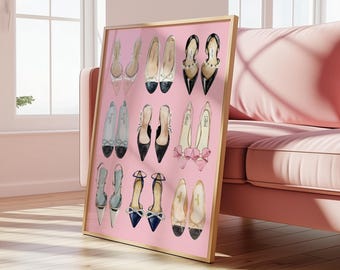 Arte mural de moda femenina / Pósteres rosas, zapatos vintage, tacones femeninos, moda / Decoración para dormitorio de residencia estudiantil / Archivo digital